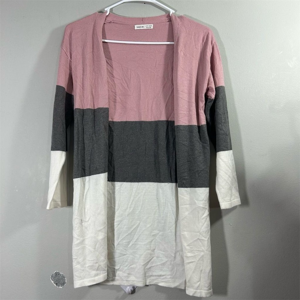 SHEIN Girls Size 10 Colorblock Open Front Cardigan Sweater Pink Gray White